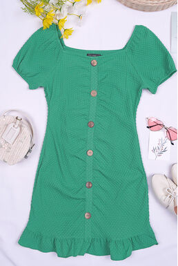Fine Square Neckline Button Down Casual Fishtail Grid Textured Dress (Green)